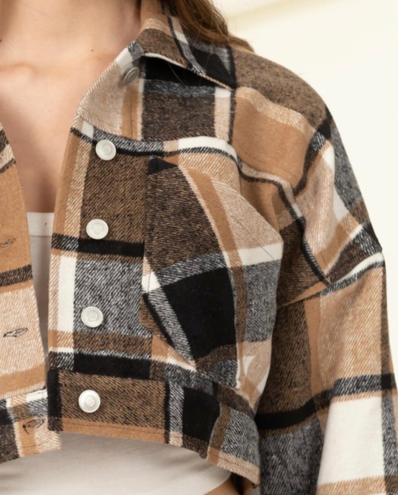 Expresso Plaid Cropped Shacket - Alexa Maries