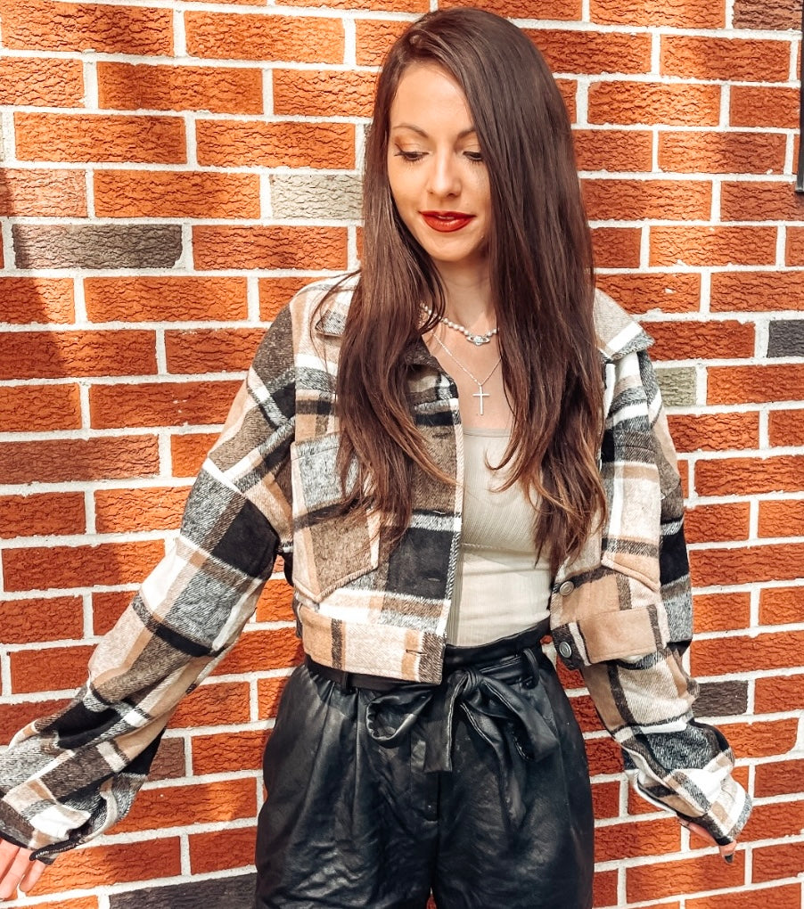 Expresso Plaid Cropped Shacket - Alexa Maries