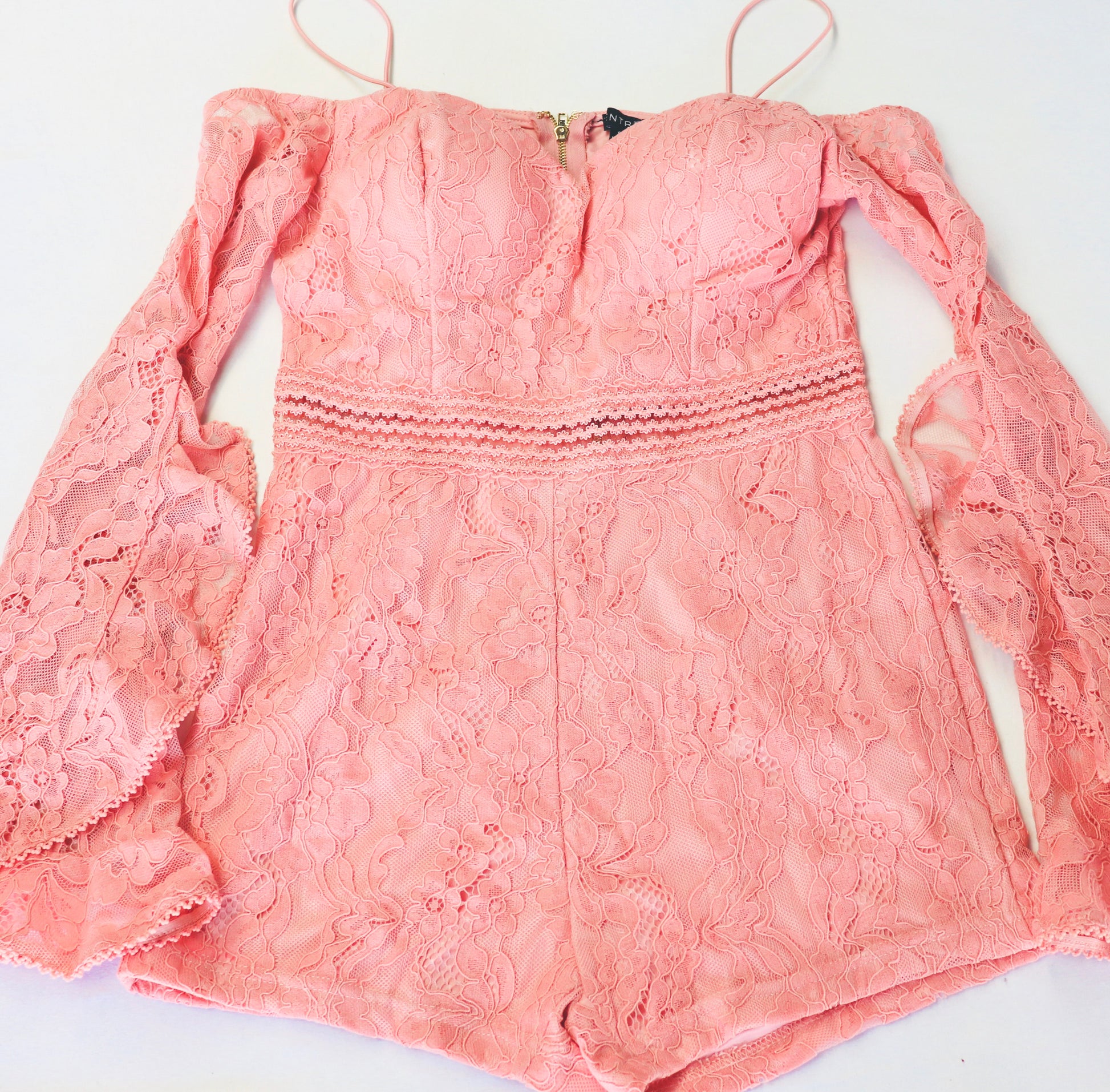 FLIRTY IN PINK OFF THE SHOULDER LACE ROMPER - Alexa Maries